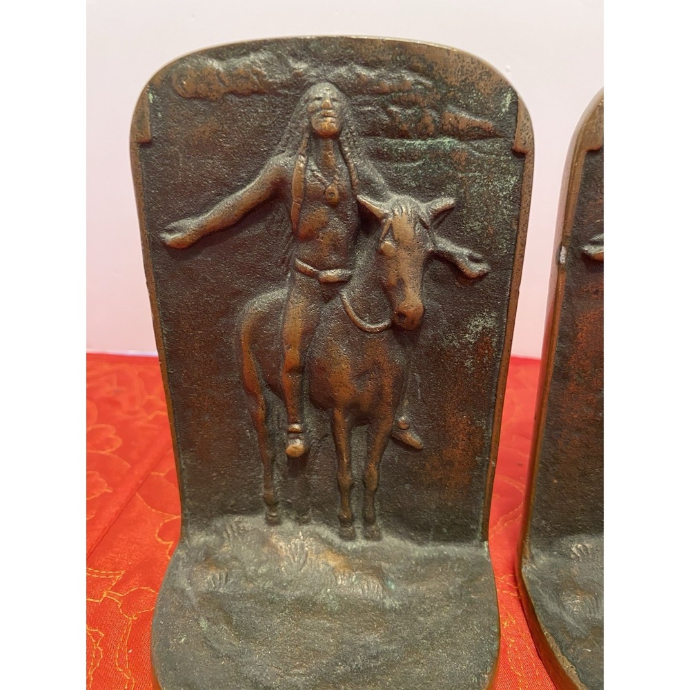 Antique‎ Bronze Freedom Indian Warrior Art Sculpture Study Bookends Heavy